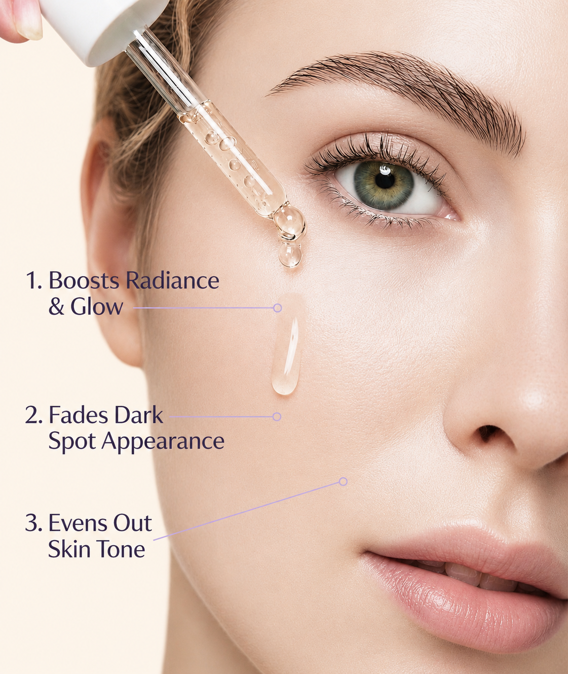 Serum dropper application - Boosts Radiance, Fades Dark Spots, Evens Skin Tone