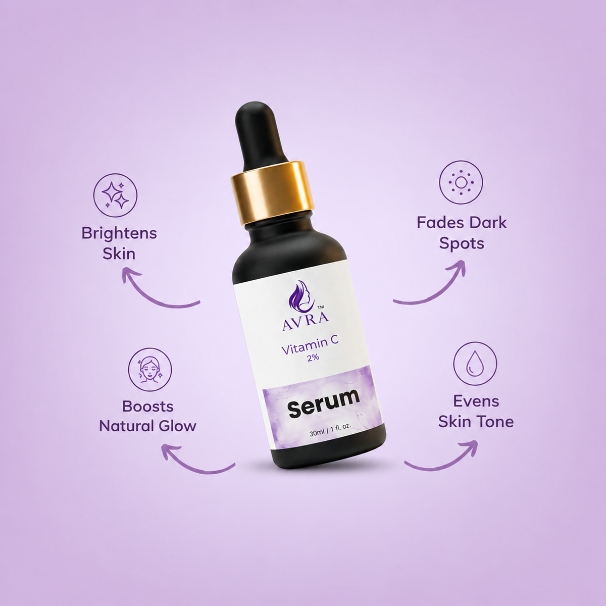 Avra Vitamin C Serum bottle with dropper - lightweight fast-absorbing formula