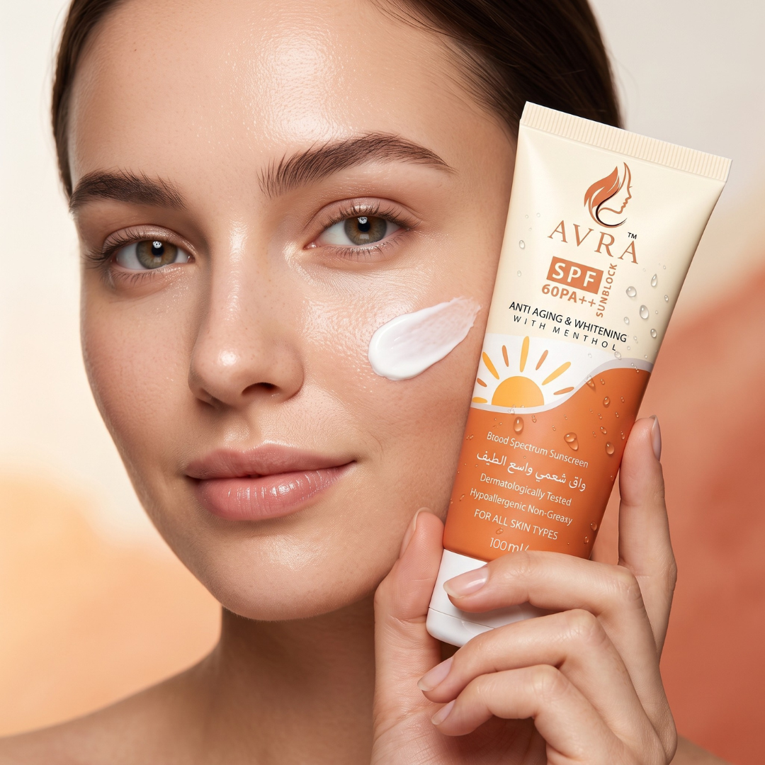 Avra SPF 60 PA++ Sunscreen tube on sandy beach - Broad Spectrum Protection Non-Greasy