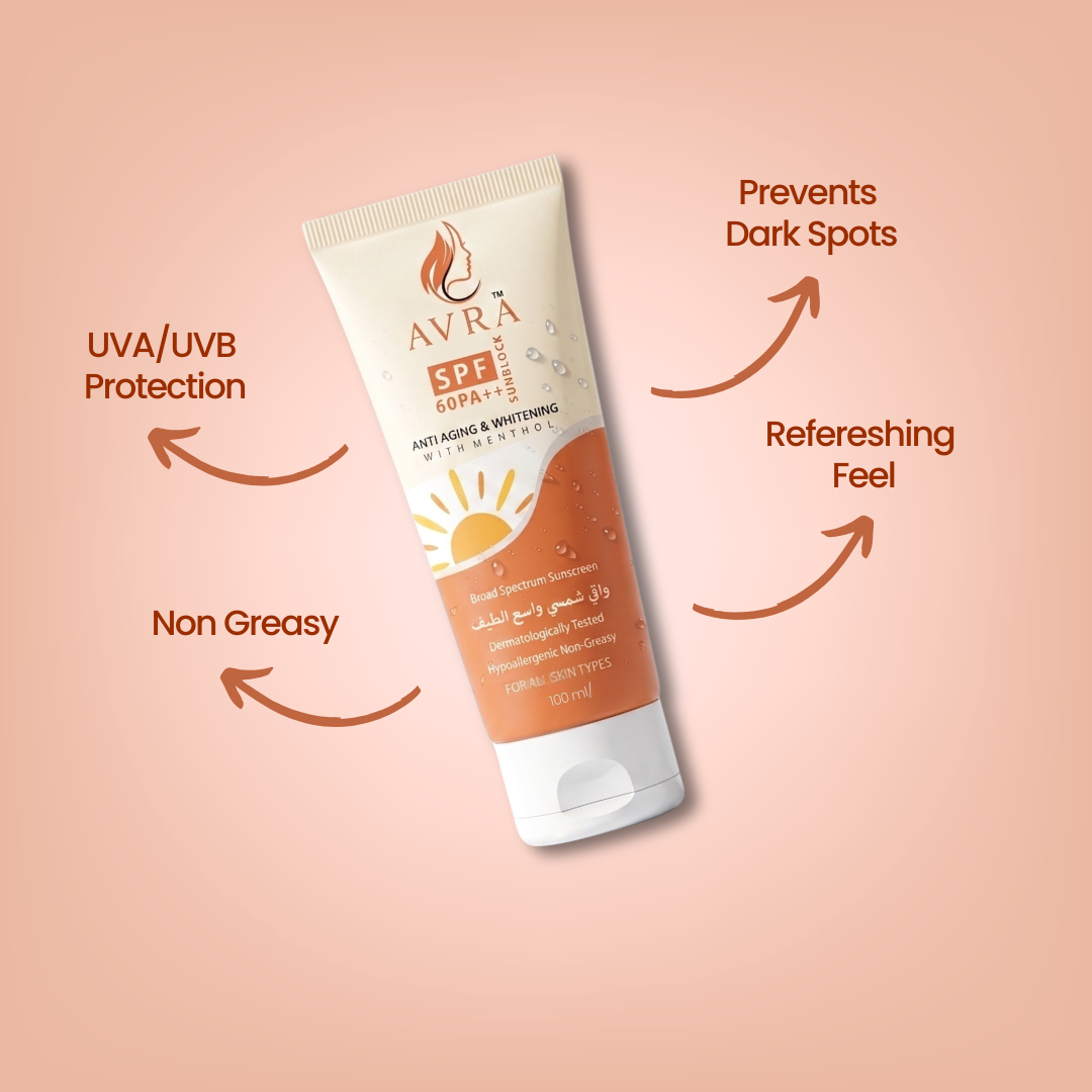 Avra SPF 60 PA++ Sunscreen being applied on face - Anti-Aging Whitening with Menthol 100ml